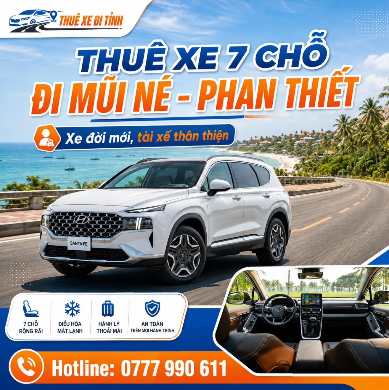 Thuê xe 7 chỗ đi Mũi Né - Phan Thiết giá rẻ, xe đời mới, đón tận nơi tại TP.HCM. Phù hợp gia đình, nhóm bạn, đi NovaWorld, Hòn Rơm.