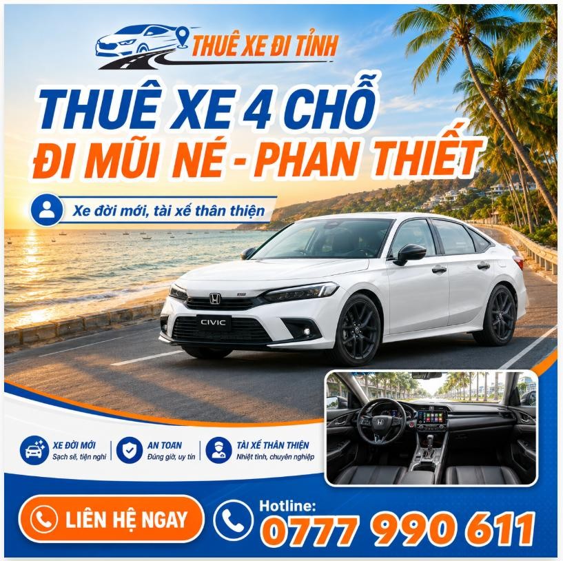 Thuê xe 4 chỗ đi Mũi Né - Phan Thiết giá rẻ, xe đời mới, đón trả tận nơi. Nhận đi NovaWorld, Hòn Rơm, một chiều hoặc khứ hồi. Liên hệ báo giá ngay!