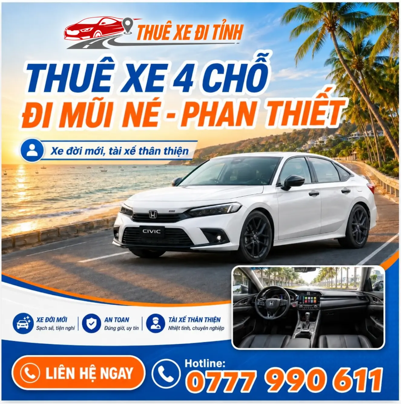 Thuê xe 4 chỗ đi Mũi Né - Phan Thiết giá rẻ, xe đời mới, đón trả tận nơi. Nhận đi NovaWorld, Hòn Rơm, một chiều hoặc khứ hồi. Liên hệ báo giá ngay!