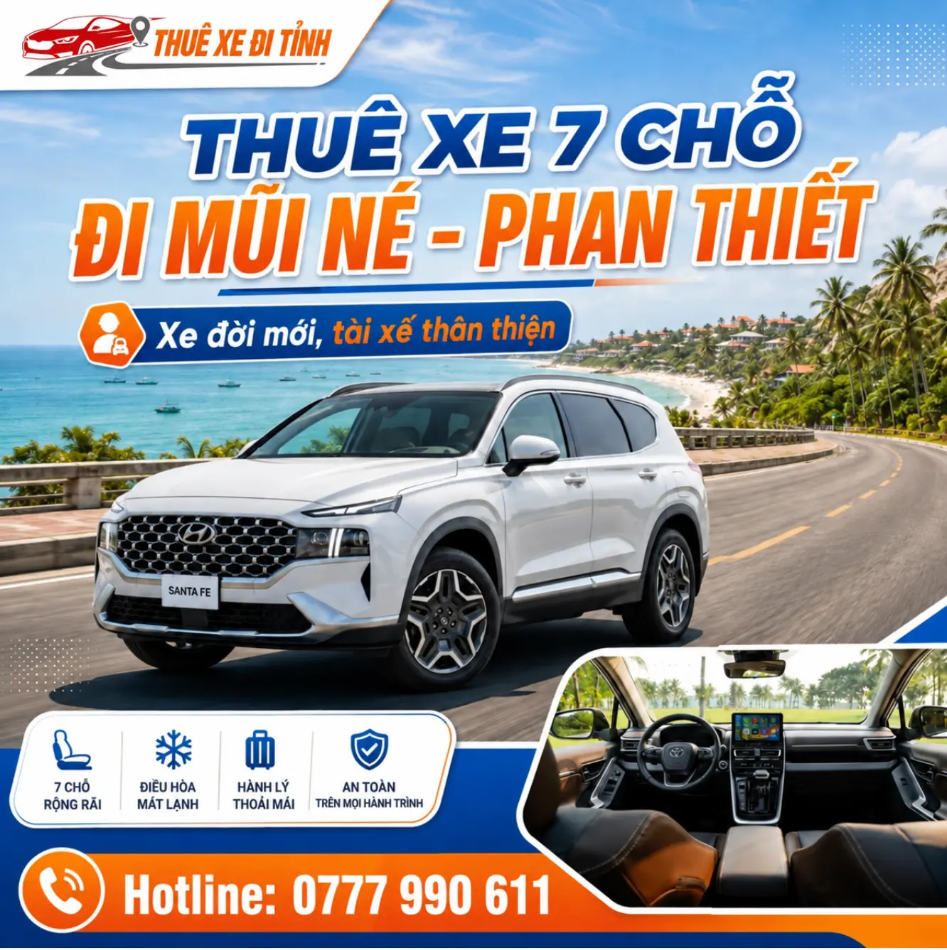 Thuê xe 7 chỗ đi Mũi Né - Phan Thiết giá rẻ, xe đời mới, đón tận nơi tại TP.HCM. Phù hợp gia đình, nhóm bạn, đi NovaWorld, Hòn Rơm.